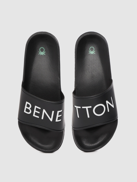 

United Colors of Benetton Men Black Brand Logo Print Sliders