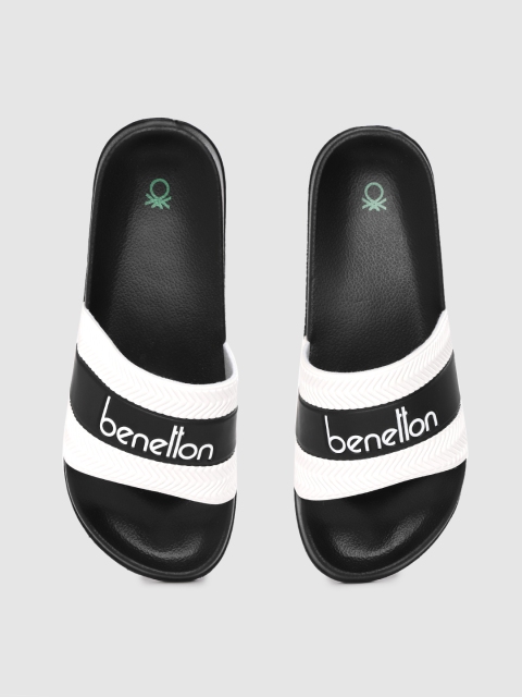 

United Colors of Benetton Men White & Black Striped Sliders with Brand Logo Print