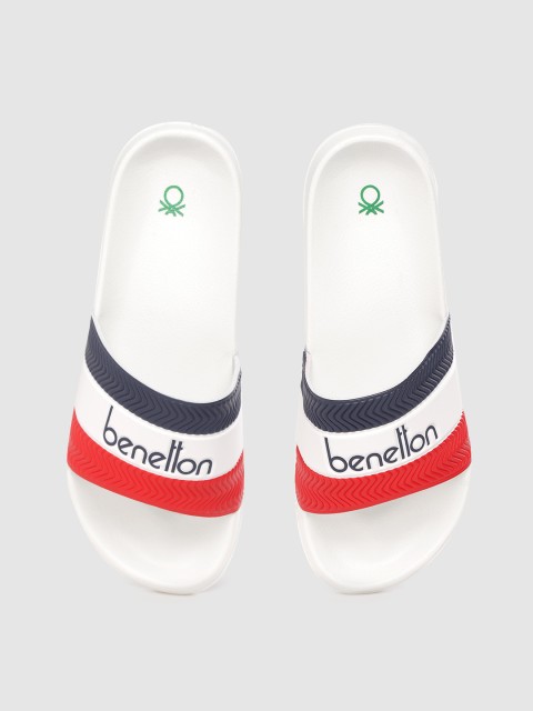 

United Colors of Benetton Men Red & White Striped Sliders with Brand Logo Printed Detail