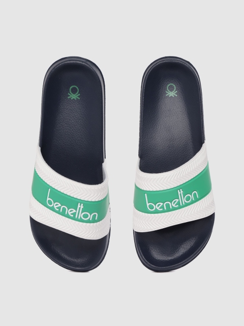 

United Colors of Benetton Men White & Green Striped Sliders with Brand Logo Printed Detail