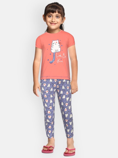 

Sweet Dreams Girls Coral Pink & Blue Cat Print Knitted Night Suit, Charcoal
