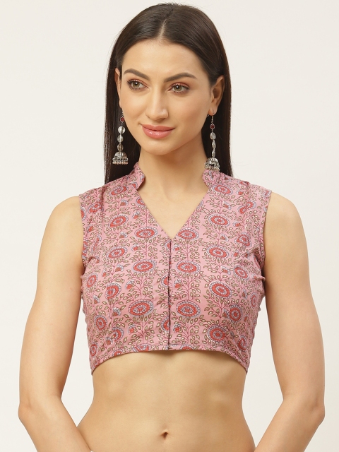 

Molcha Pink & Green Sanganeri Ethnic Print Saree Blouse