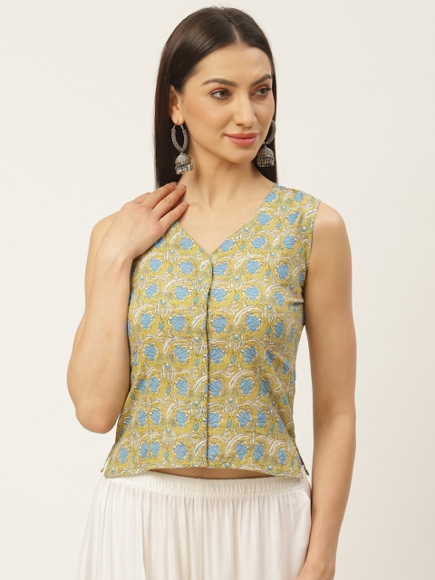 

Molcha Green & Blue Sanganeri Print Fusion Saree Blouse