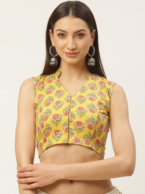 

Molcha Yellow & Pink Sanganeri Print Saree Blouse