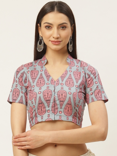 

Molcha Grey & Pink Sanganeri Print Saree Blouse