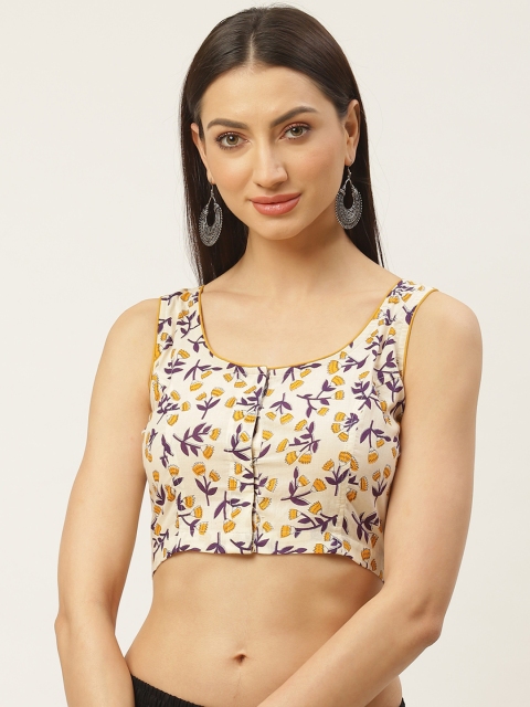 

Molcha Cream-Coloured & Purple Ethnic Print Non-Padded Sleeveless Saree Blouse