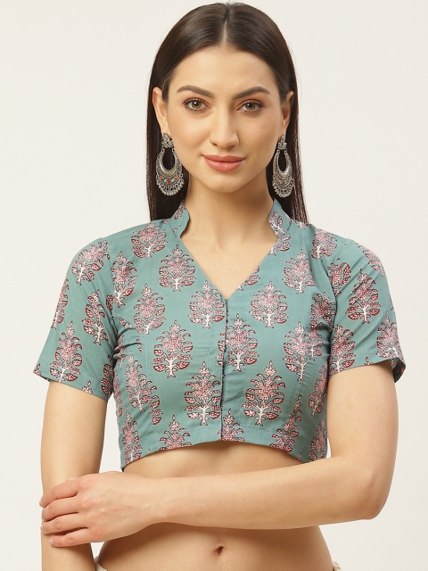 

Molcha Green & Off-White Sanganeri Print Non-Padded Saree Blouse