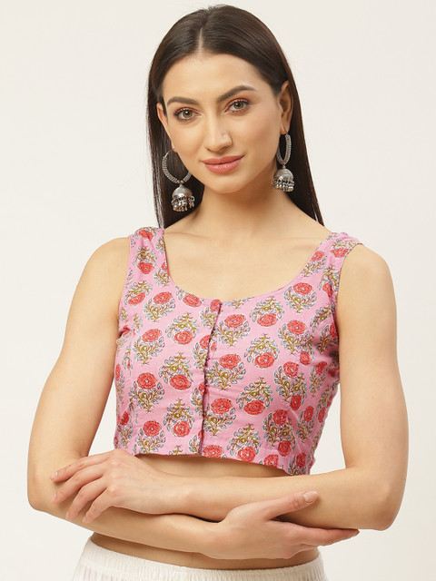 

Molcha Pink & Orange Floral Print Non-Padded Sleeveless Styled Back Saree Blouse