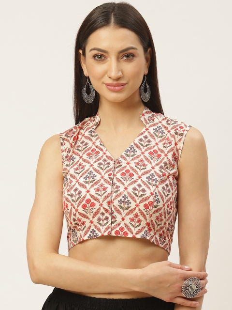 

Molcha Off-White & Red Floral Print Non-Padded Sleeveless Saree Blouse