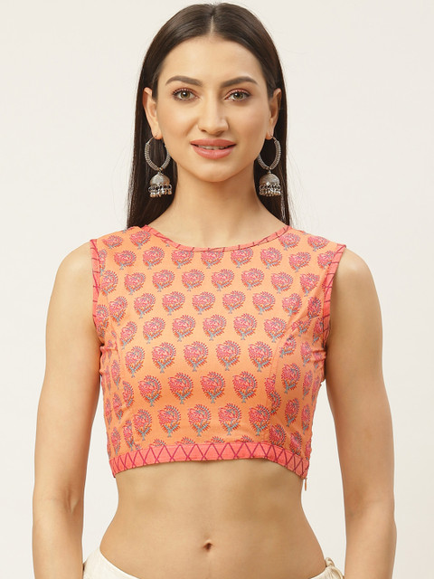 

Molcha Peach-Coloured & Pink Sanganeri Print Non-Padded Saree Blouse