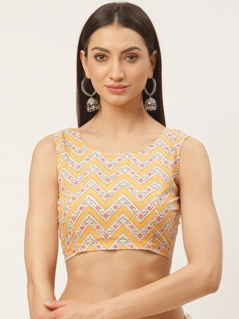 

Molcha Yellow & Off-White Sanganeri Print Non-Padded Saree Blouse