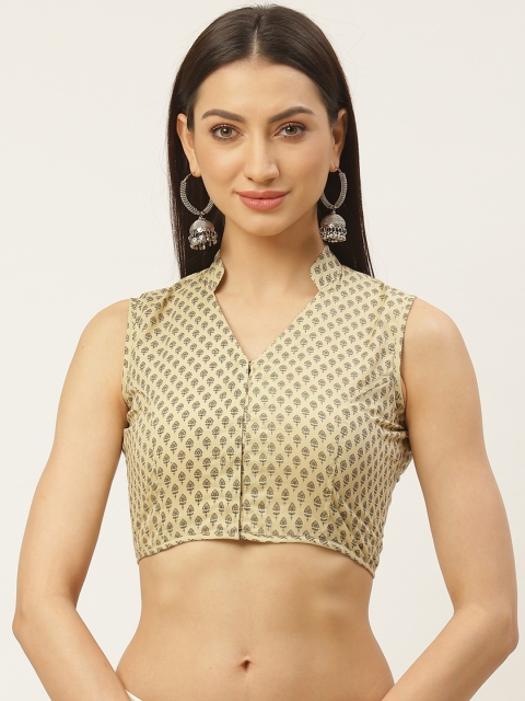 

Molcha Cream-Coloured & Olive Green Sanganeri Ethnic Print Saree Blouse