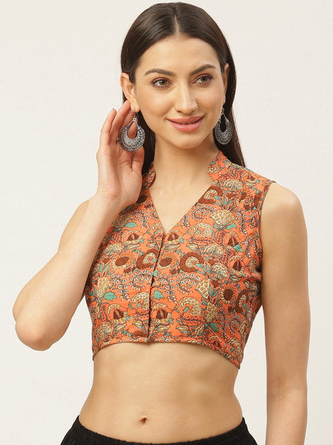 

Molcha Orange & Brown Floral Print Non-Padded Sleeveless Saree Blouse