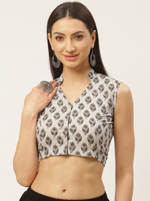 

Molcha Grey & Beige Ethnic Print Non-Padded Sleeveless Saree Blouse