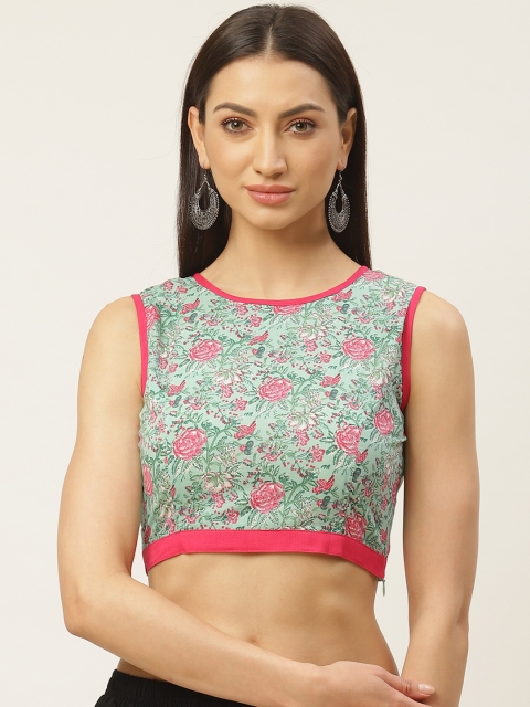 

Molcha Sea Green & Pink Sanganeri Print Saree Blouse