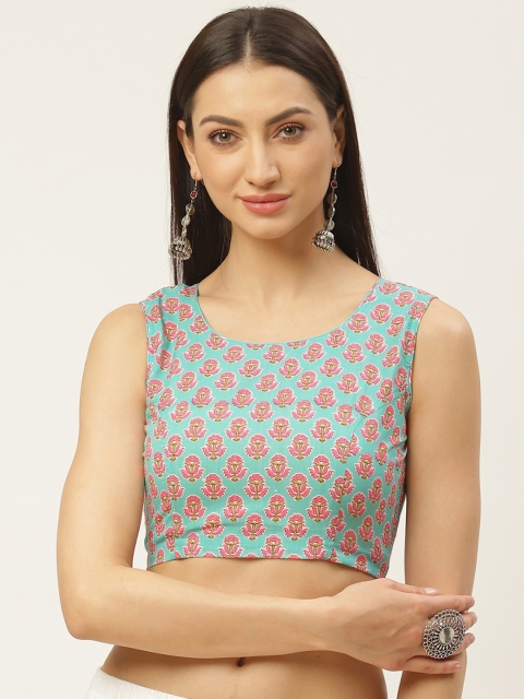 

Molcha Sea Green & Pink Ethnic Print Non-Padded Sleeveless Styled Back Saree Blouse