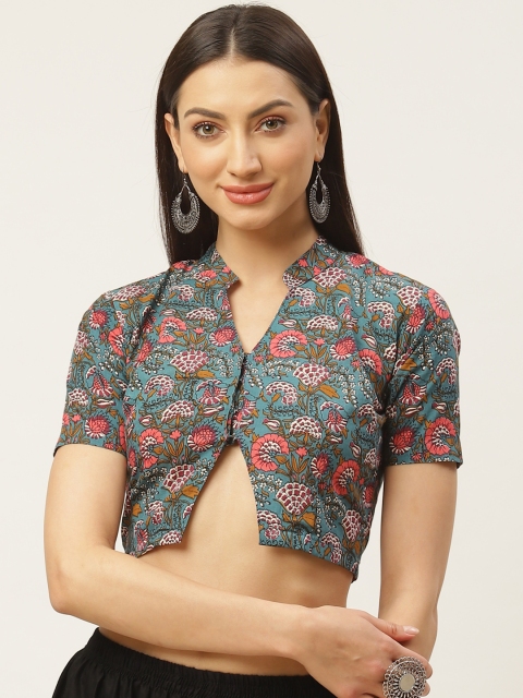 

Molcha Teal Green & Pink Ethnic Print Non-Padded Saree Blouse
