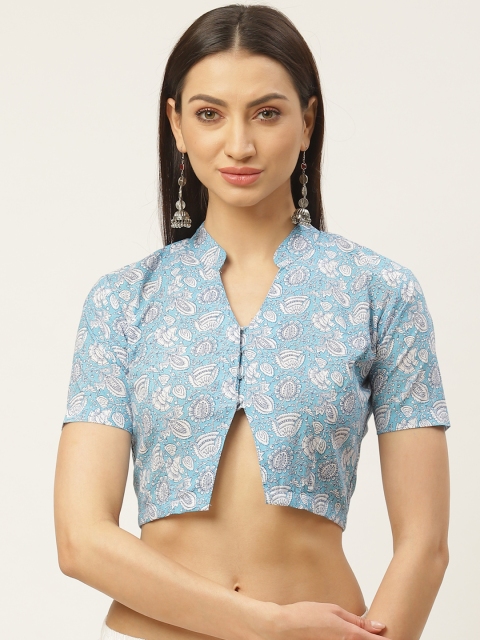 

Molcha Blue & Off-White Sanganeri Print Non-Padded Saree Blouse