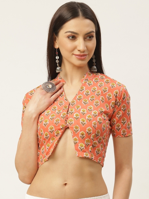 

Molcha Peach-Coloured & Olive Green Sanganeri Print Non-Padded Saree Blouse