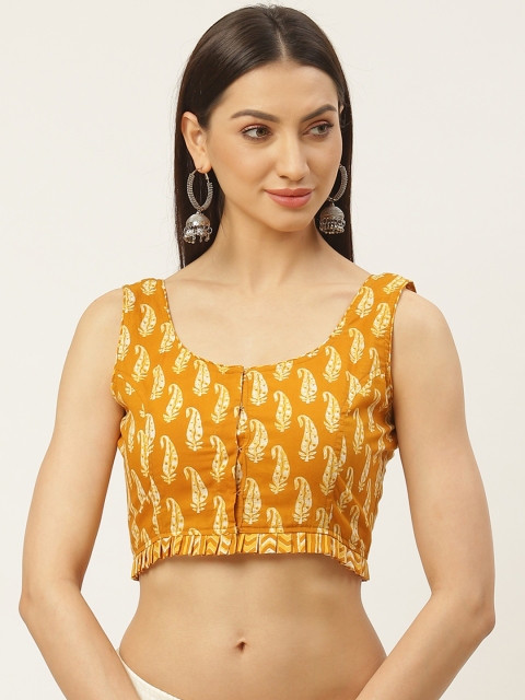 

Molcha Mustard Yellow & Off-White Sanganeri Print Non-Padded Saree Blouse
