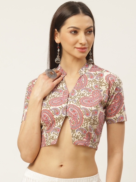 

Molcha Off-White & Pink Sanganeri Print Non-Padded Saree Blouse