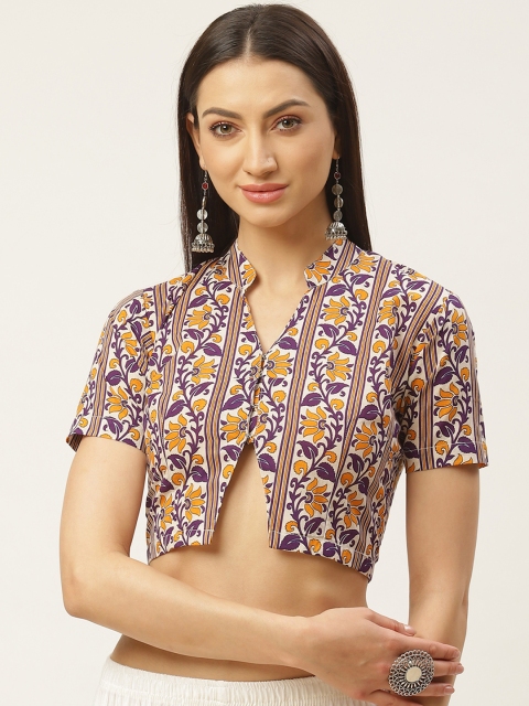 

Molcha Off-White & Purple Sanganeri Print Non-Padded Saree Blouse