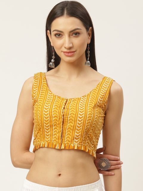 

Molcha Mustard Yellow & Off-White Sanganeri Print Non-Padded Saree Blouse