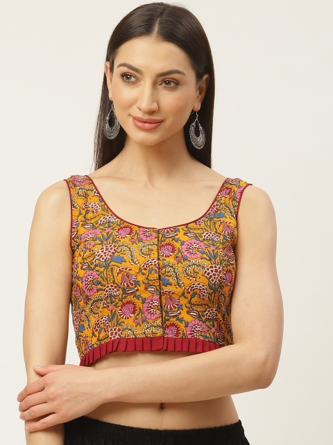 

Molcha Mustard Yellow & Maroon Sanganeri Print Non-Padded Saree Blouse