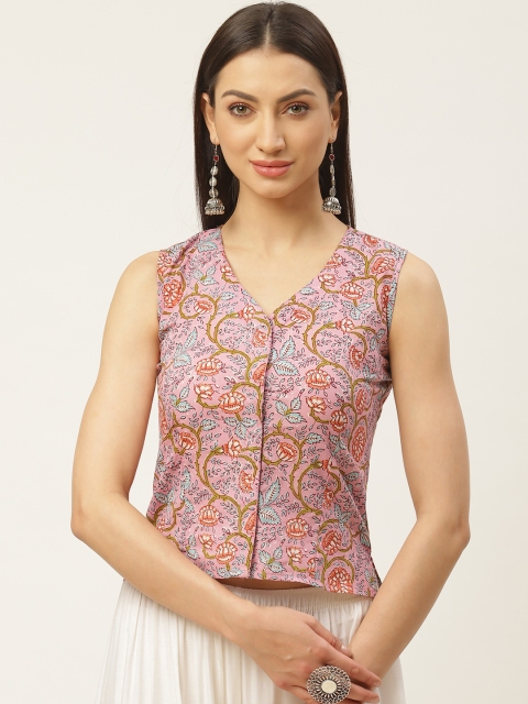 

Molcha Pink & Green Sanganeri Print Fusion Saree Blouse