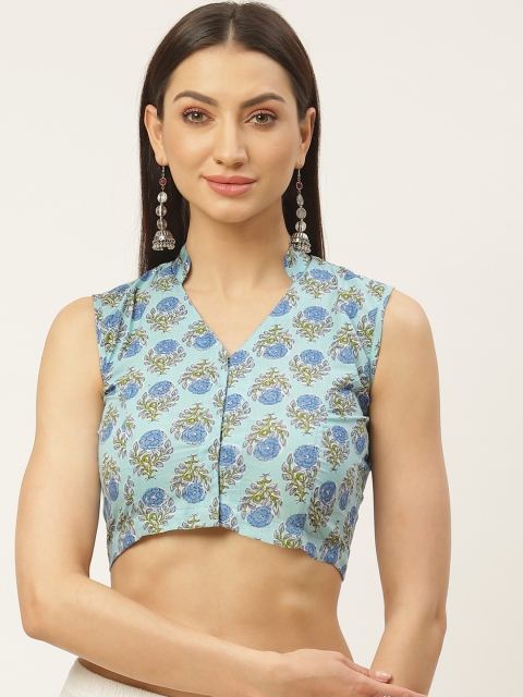 

Molcha Blue & Green Sanganeri Print Saree Blouse