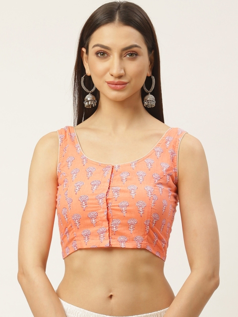 

Molcha Peach-Coloured & Off-White Sanganeri Print Non-Padded Saree Blouse