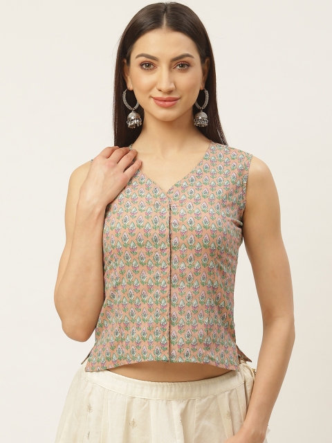 

Molcha Pink & Green Sanganeri Print Non-Padded Saree Blouse