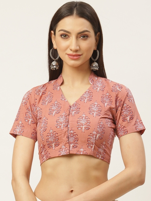 

Molcha Peach-Coloured & Red Ethnic Print Non-Padded Saree Blouse