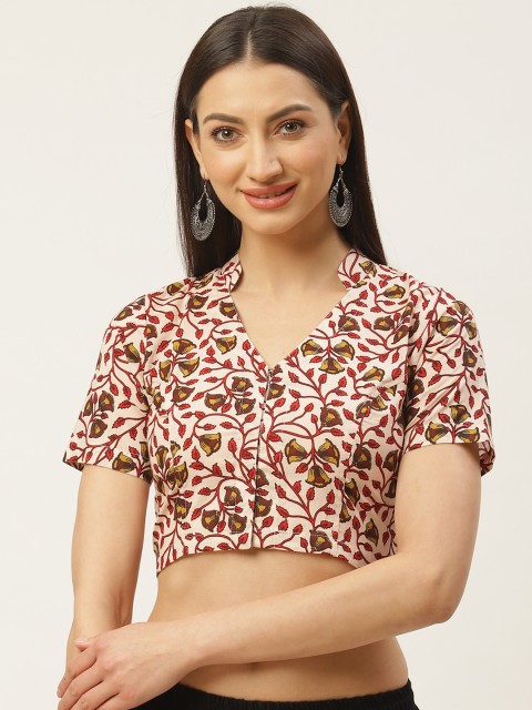 

Molcha Off-White & Red Ethnic Print Non-Padded Saree Blouse