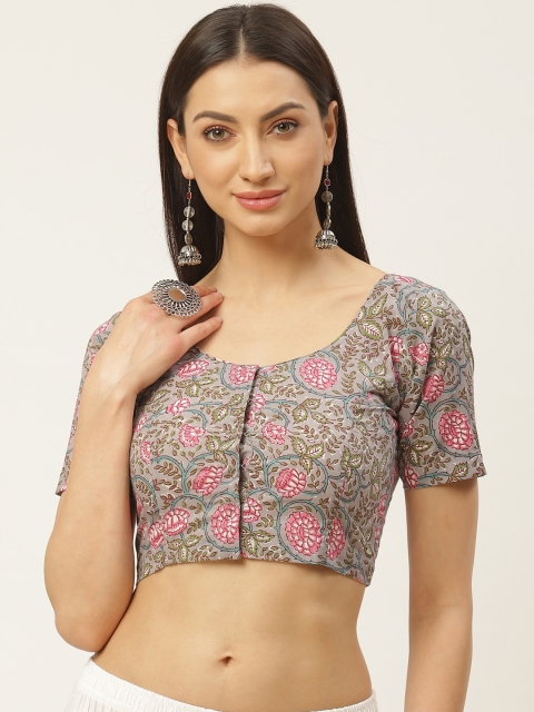 

Molcha Grey & Pink Sanganeri Print Saree Blouse