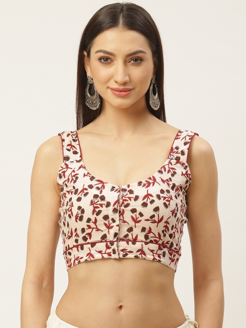 

Molcha Off-White & Coffee Brown Ethnic Print Non-Padded Sleeveless Saree Blouse