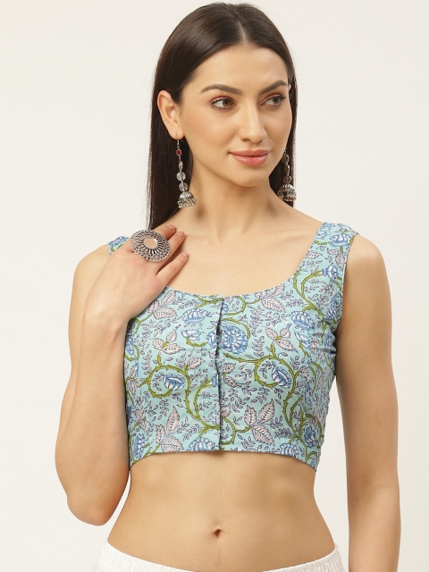 

Molcha Blue & Green Sanganeri Print Saree Blouse with Cut-Out Back