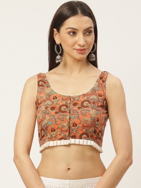 

Molcha Orange & Brown Ethnic Print Non-Padded Sleeveless Saree Blouse