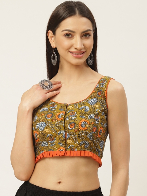 

Molcha Olive Green & Rust Orange Printed Non-Padded Saree Blouse