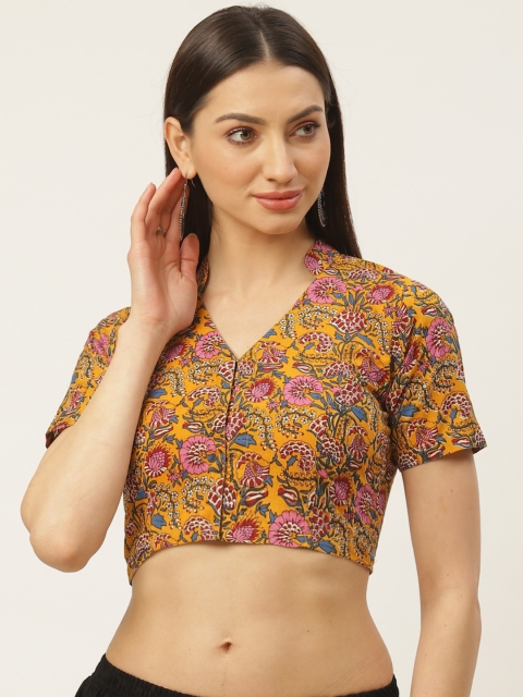 

Molcha Olive Mustard Yellow & Pink Printed Non-Padded Saree Blouse