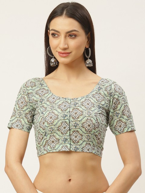 

Molcha Sea Green & Blue Ethnic Print Non-Padded Saree Blouse