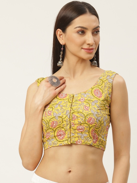 

Molcha Olive Mustard Yellow & Pink Printed Non-Padded Saree Blouse