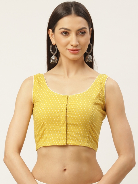 

Molcha Yellow & Off-White Printed Sleeveless Non-Padded Saree Blouse