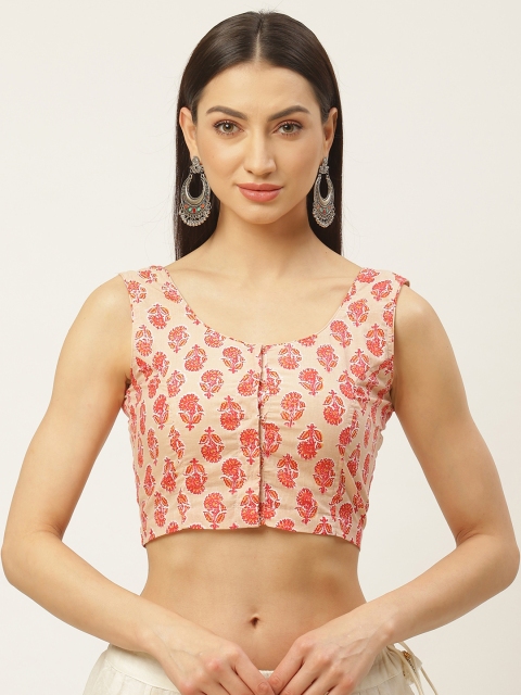 

Molcha Peach-Coloured & Red Printed Non-Padded Saree Blouse