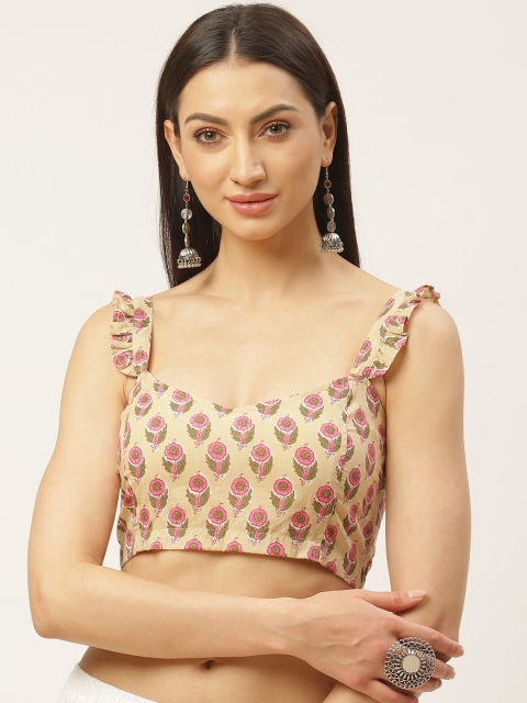 

Molcha Beige & Pink Ethnic Print Non-Padded Saree Blouse