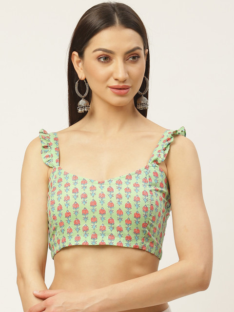 

Molcha Olive Green & Peach-Coloured Printed Non-Padded Saree Blouse