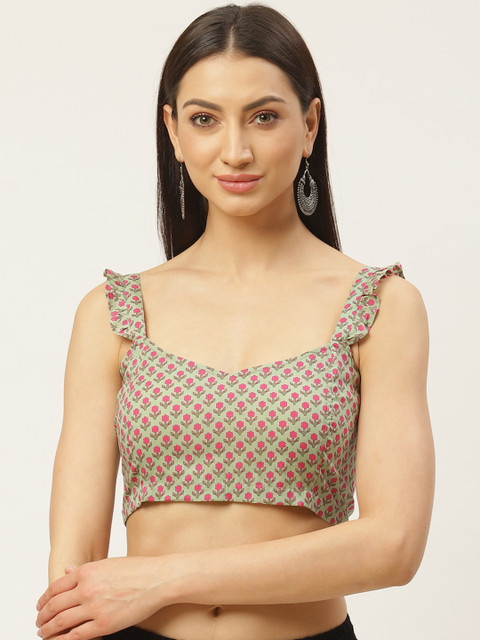 

Molcha Olive Green & Pink Printed Non-Padded Saree Blouse