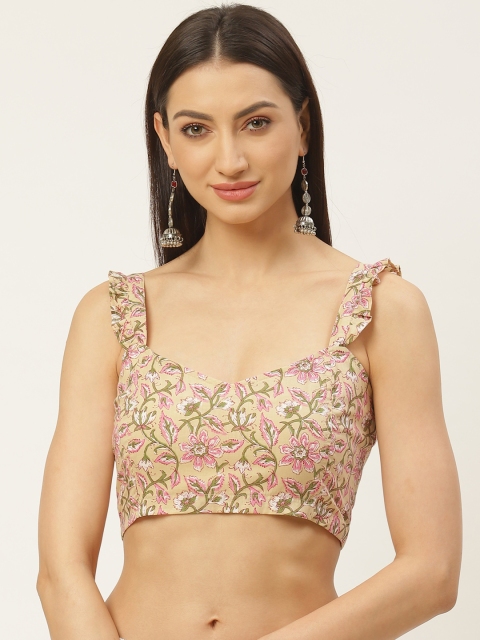 

Molcha Beige & Pink Ethnic Print Non-Padded Saree Blouse