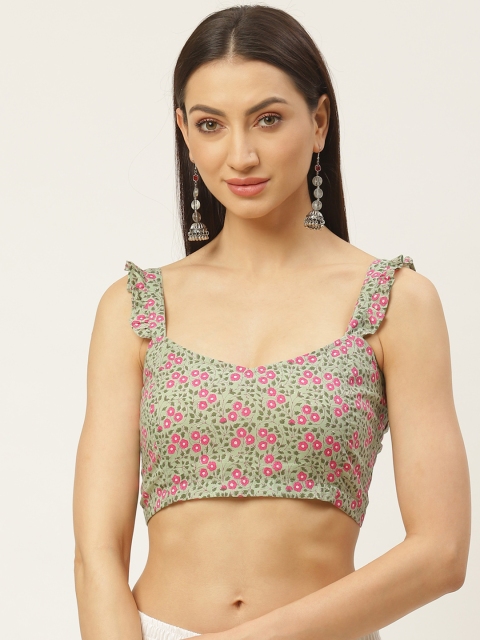 

Molcha Green & Pink Floral Print Non-Padded Saree Blouse