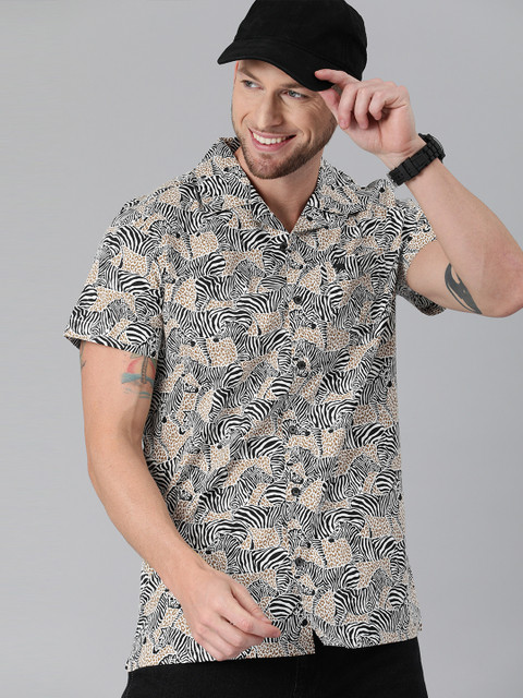 

THE BEAR HOUSE Men Black & White Slim Fit Animal Printed Cotton Casual Shirt